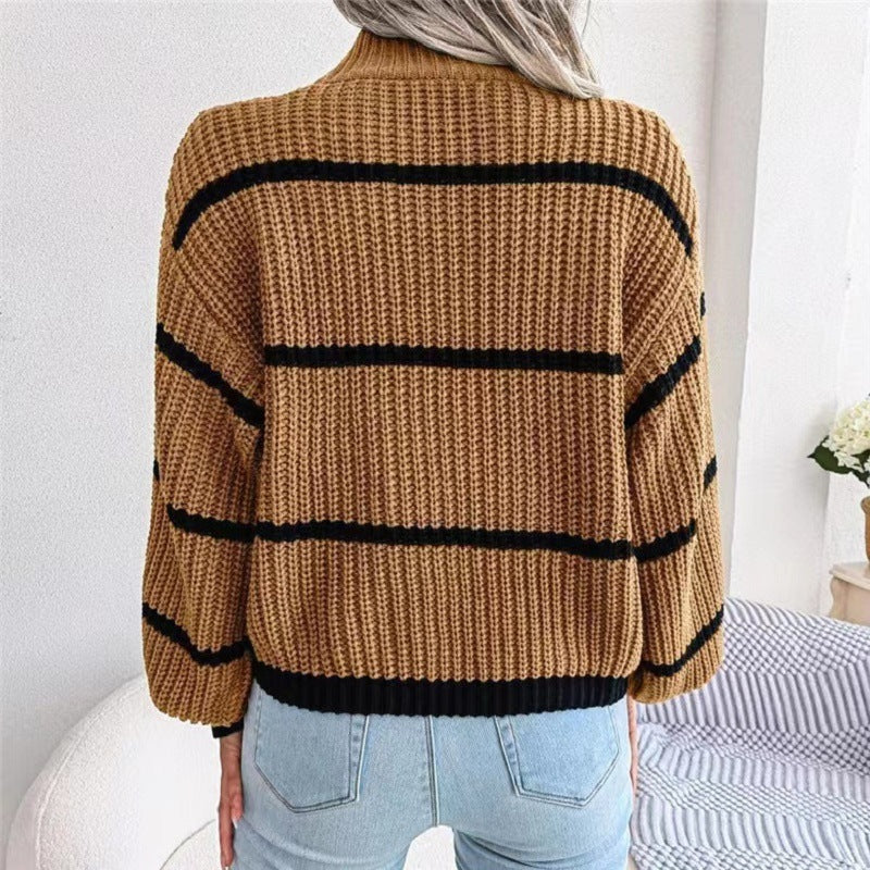 Knitted sweater, semi-high neck, two-tone stripes, autumn/winter trend