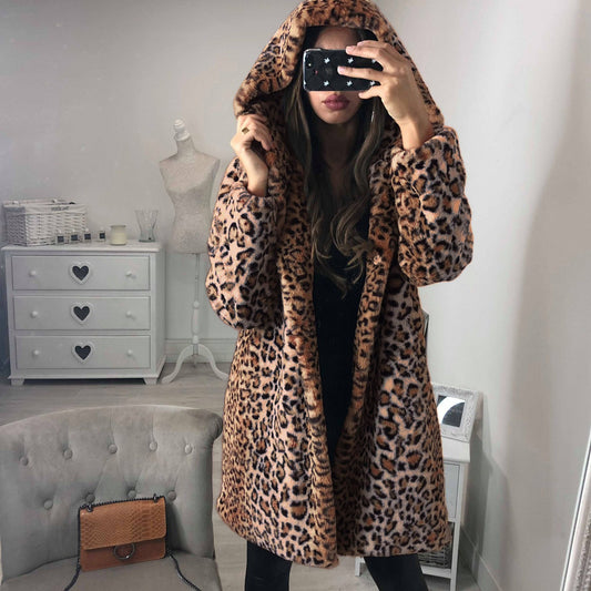 ANIMAL PRINT faux fur coat with detachable hood, mid-length