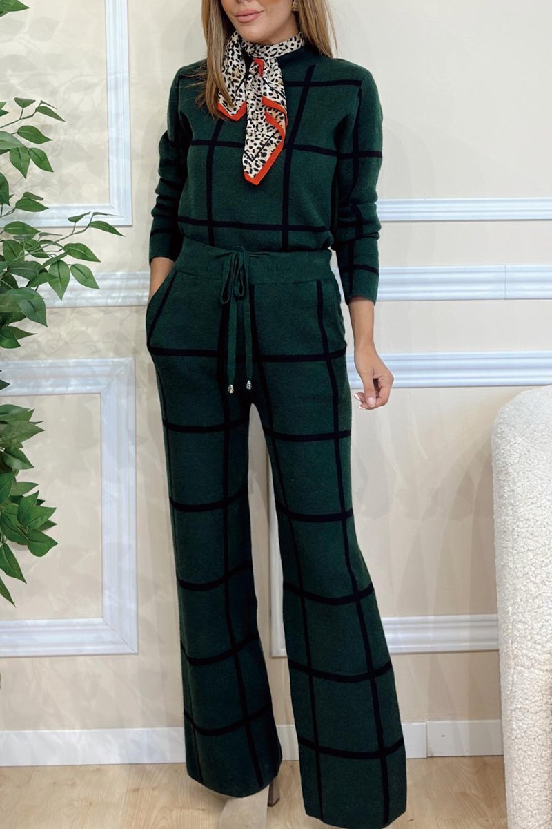 Women's Plaid Print Long Sleeve Turtleneck Sweater and Pants Set