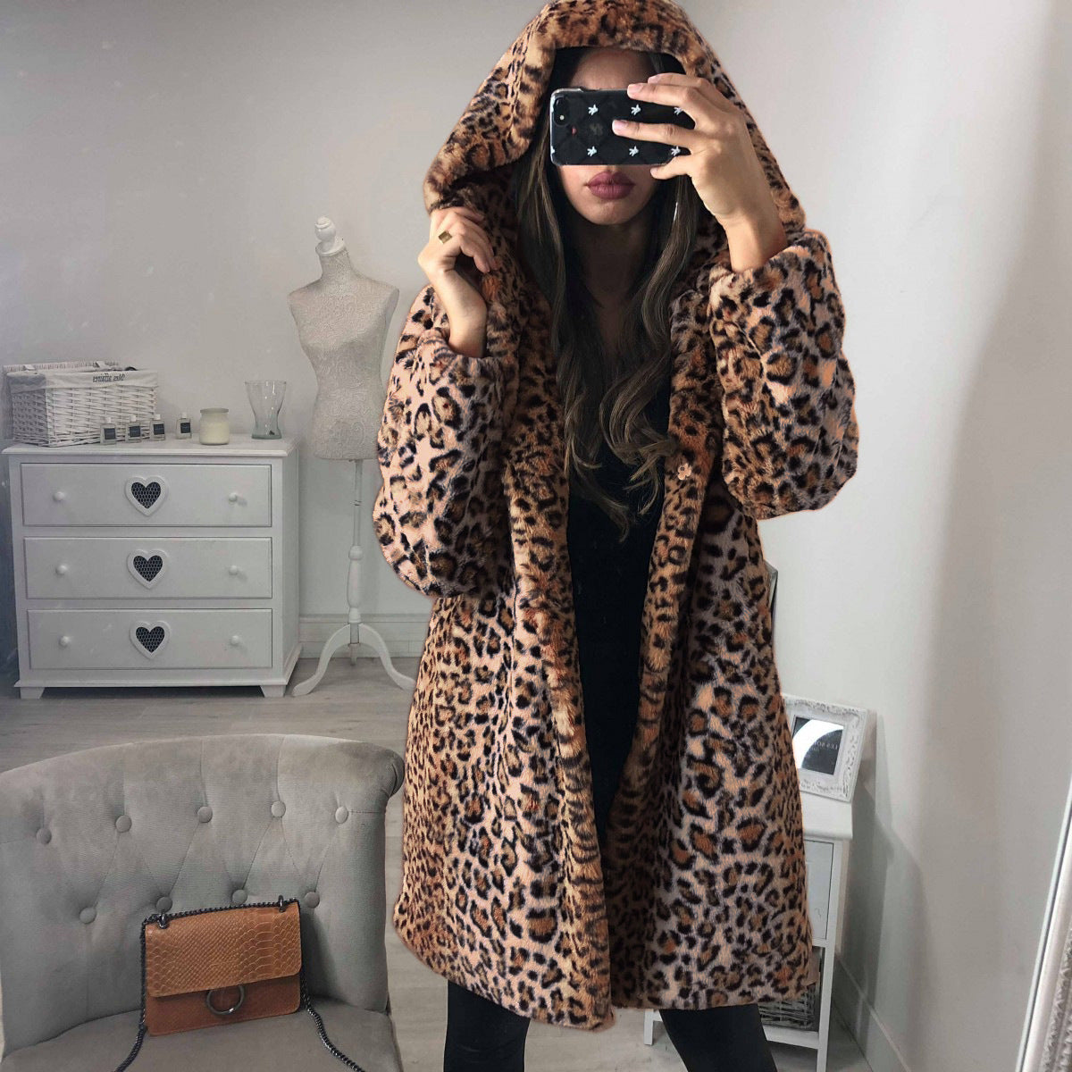 ANIMAL PRINT faux fur coat with detachable hood, mid-length