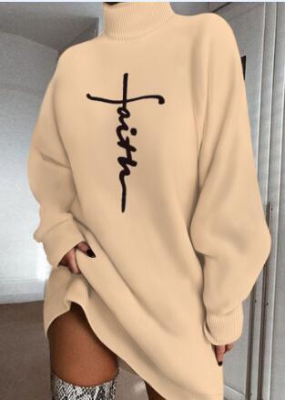 Women's Casual Knitted Sweater Dress, Long Turtleneck, Solid Color