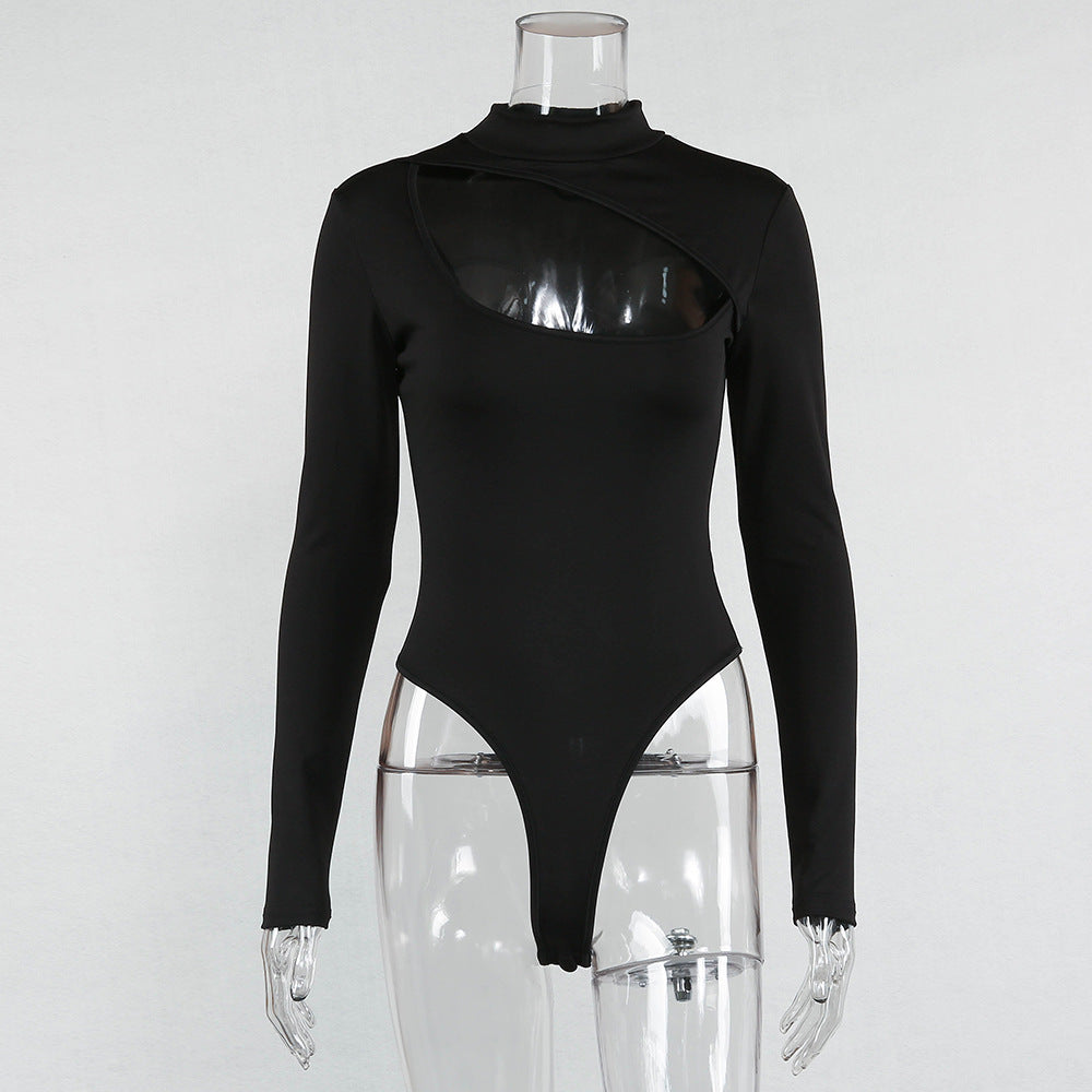 Asymmetrical Black Long-Sleeve Bodysuit – Bold & Trendy Style