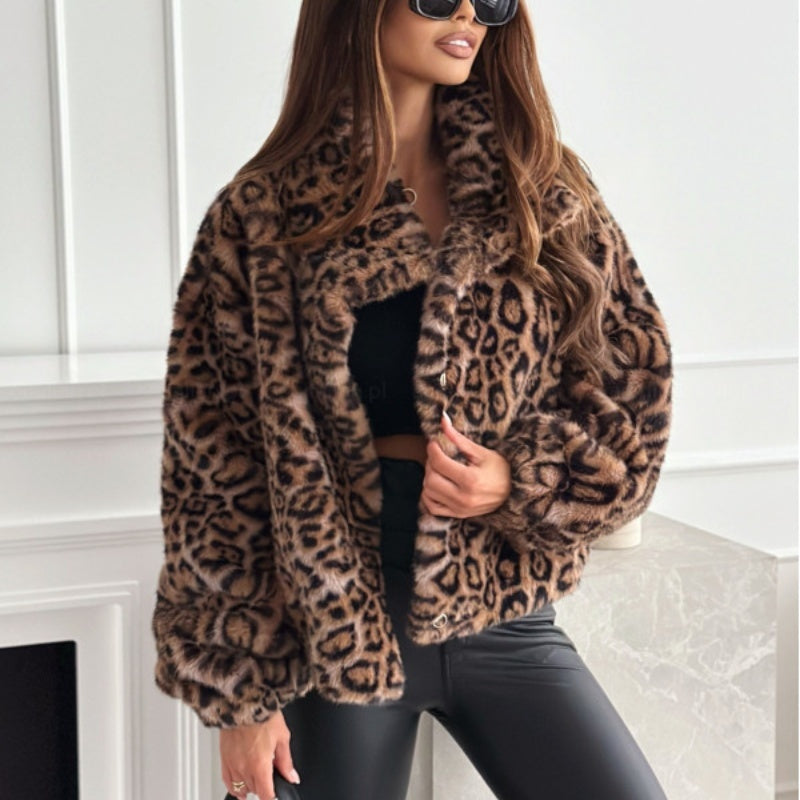 Women's Fashion Short Coat with Leopard Print, Lapel Collar and Faux Fur