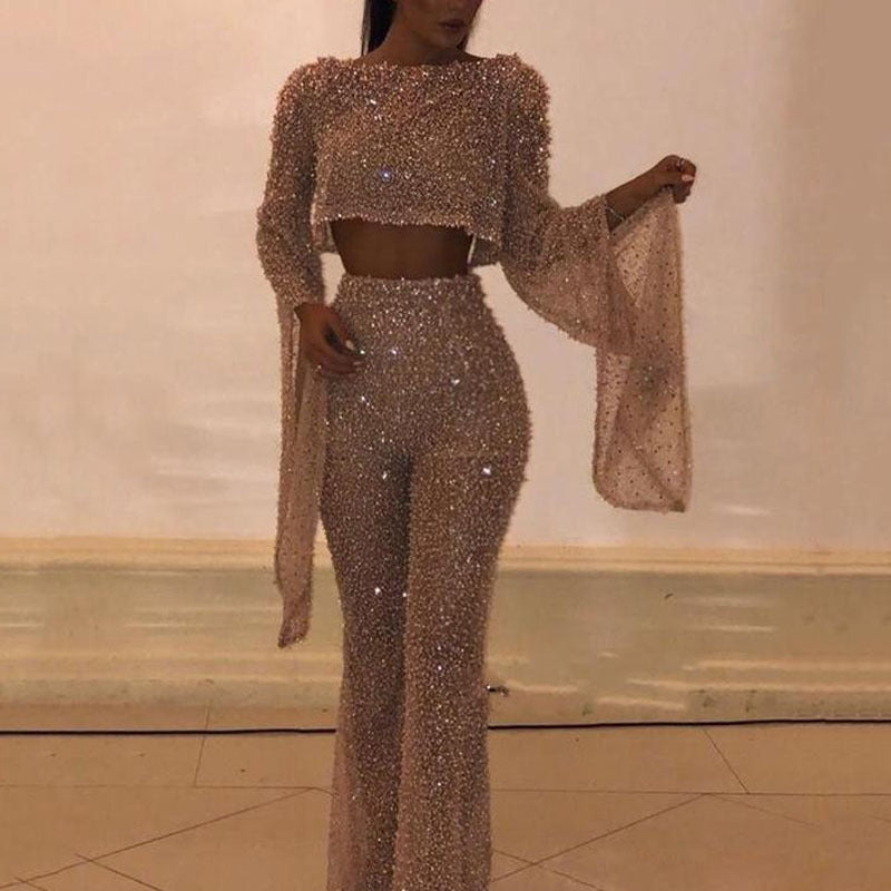 Sexy Sparkly Two Piece Halter Neck Long Fairy Sleeve Jumpsuit Set