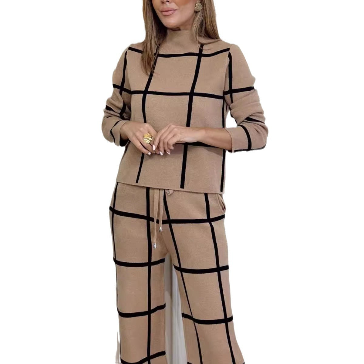 Women's Plaid Print Long Sleeve Turtleneck Sweater and Pants Set