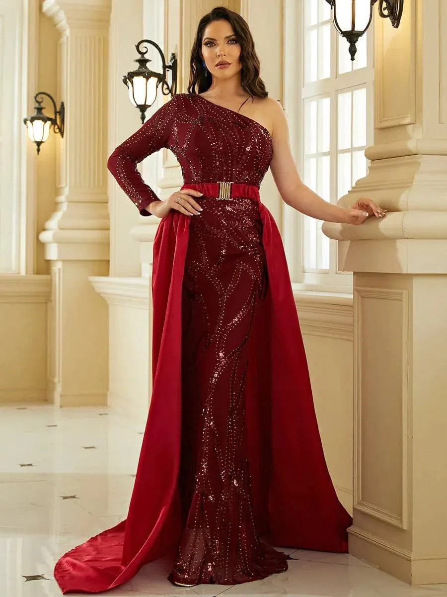 Red sequin midi dress, half shoulder, backless, party