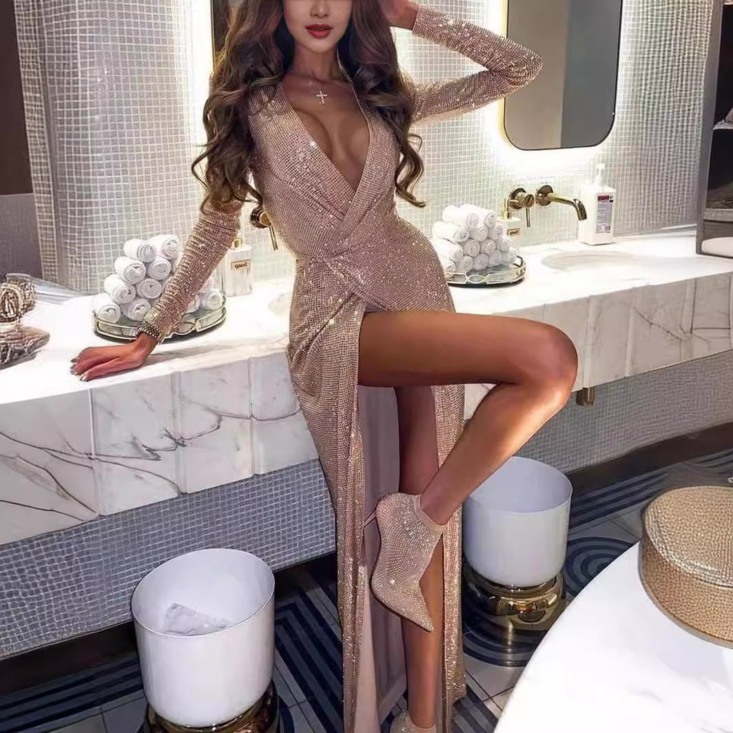 Sexy V Neck Bodycon Glitter Dress. Sparkly