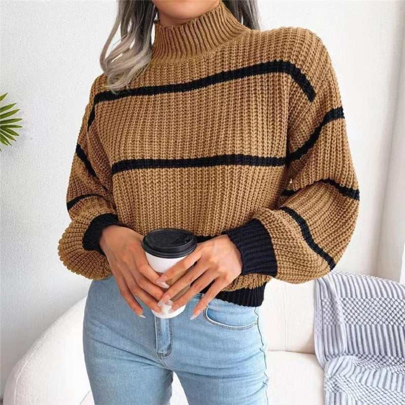 Knitted sweater, semi-high neck, two-tone stripes, autumn/winter trend