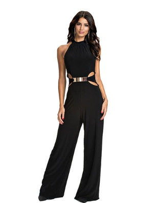 Black Jumpsuit Women's Casual Style with Stitching, Long Sleeves, High Neck and Flared Pants