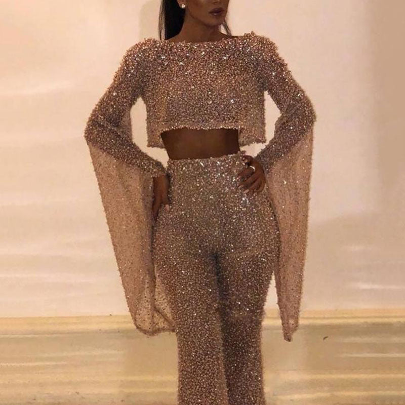 Sexy Sparkly Two Piece Halter Neck Long Fairy Sleeve Jumpsuit Set
