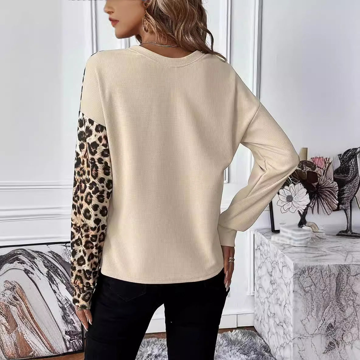 Personalized Long Sleeve Crew Neck Leopard Print Sweatshirt