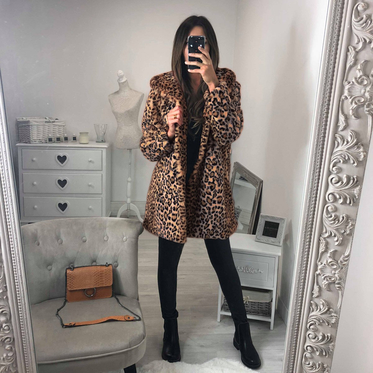 ANIMAL PRINT faux fur coat with detachable hood, mid-length