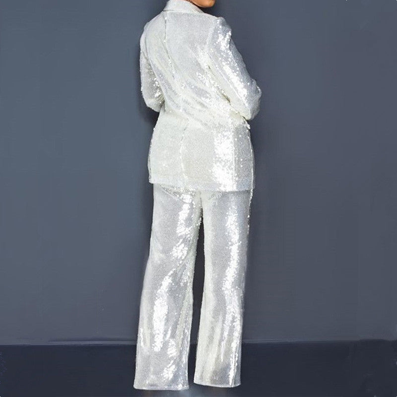 Women's Slim Fit Sequin Blazer Suit with Elegant Pants