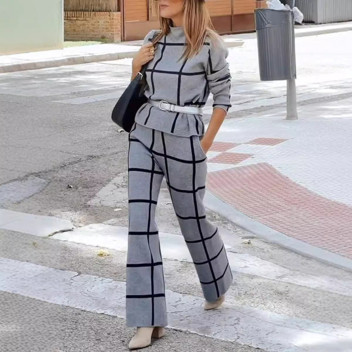 Women's Plaid Print Long Sleeve Turtleneck Sweater and Pants Set