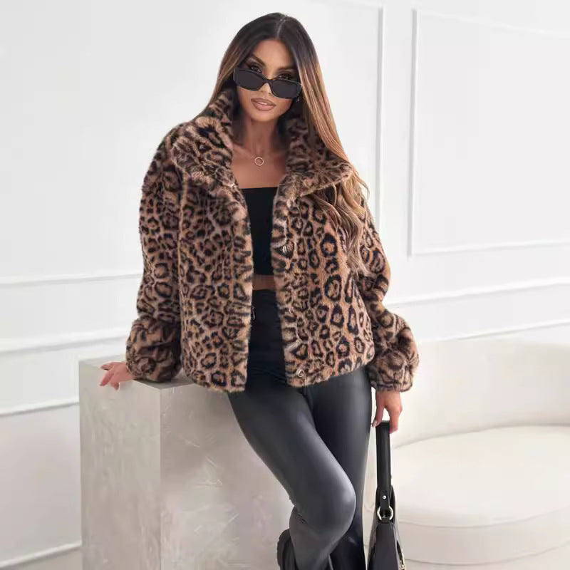 Women's Fashion Short Coat with Leopard Print, Lapel Collar and Faux Fur