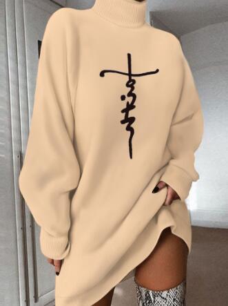 Women's Casual Knitted Sweater Dress, Long Turtleneck, Solid Color