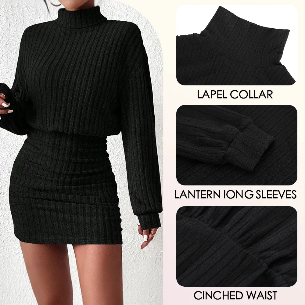 Women's Dresses Casual Plain Knitted Pullover Long Lantern Sleeve High Neck Mini A-Line Short Dresses