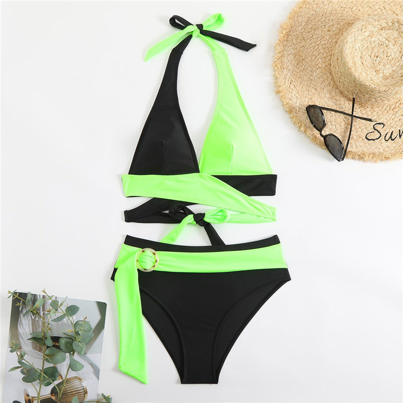 Euro America 2025 New Split Swimsuit Women's Cross Border Color-Blocking, Sexy Deep V Lace-up Color Bikini Amazon