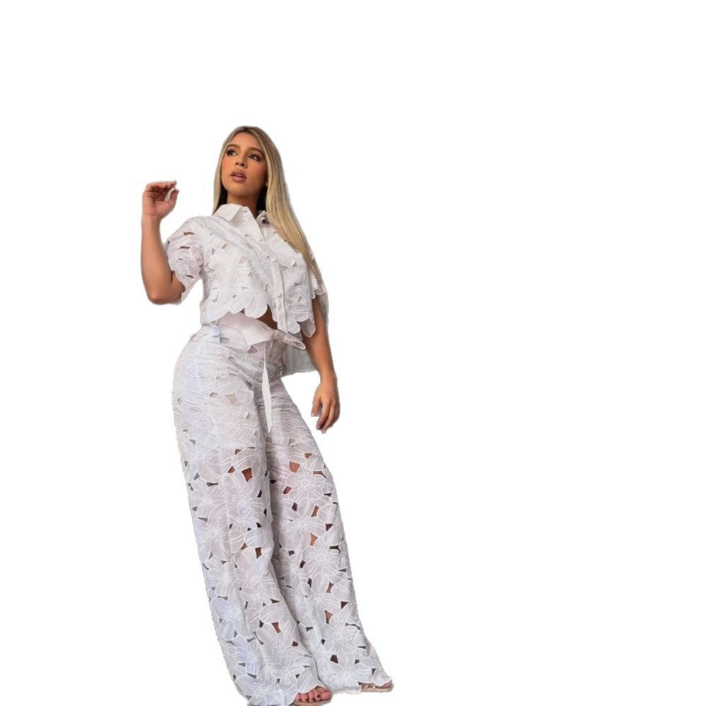 2025 summer new cross-border European and American solid color sexy cut-out cardigan top wide-leg pants two-piece set of women