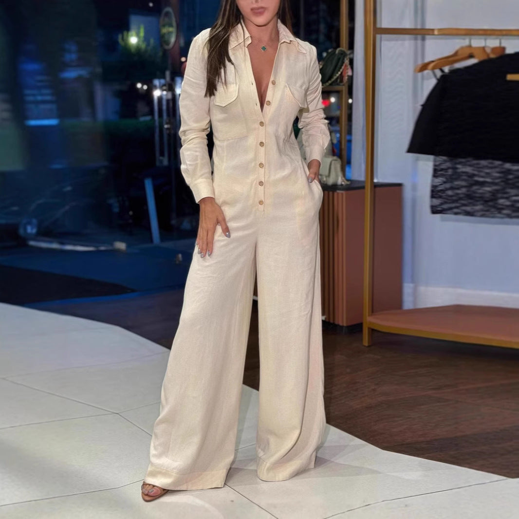 Relaxed Fit Shirt Collar Jumpsuit women's onesies, autumn new fashion lapel V-neck casual