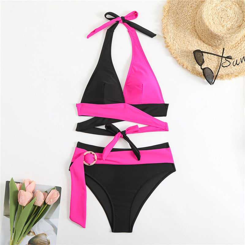 Euro America 2025 New Split Swimsuit Women's Cross Border Color-Blocking, Sexy Deep V Lace-up Color Bikini Amazon