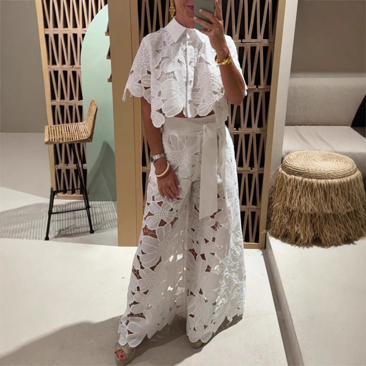 2025 summer new cross-border European and American solid color sexy cut-out cardigan top wide-leg pants two-piece set of women