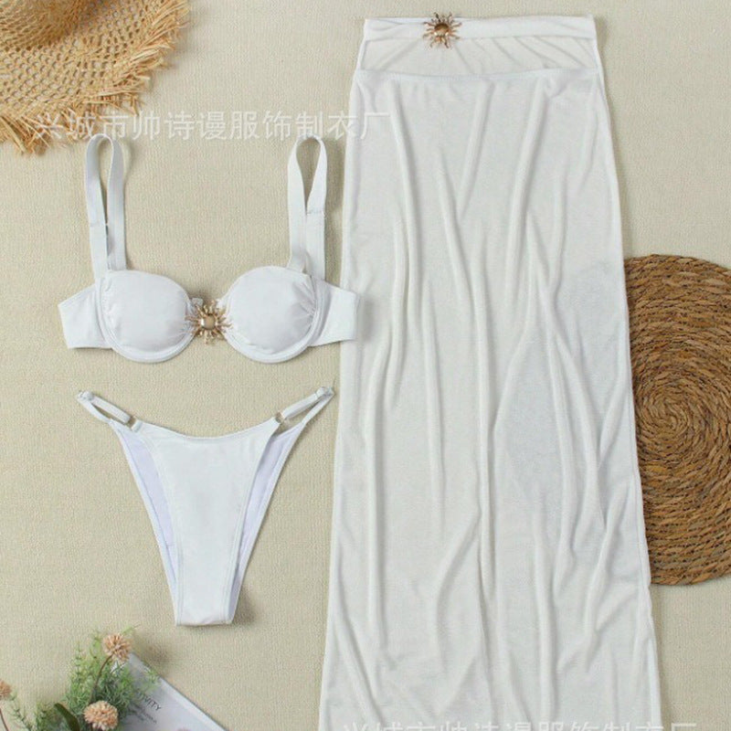 New three-piece swimsuit tie bikini sexy European and American bikini split swimsuit solid color slim beach skirt