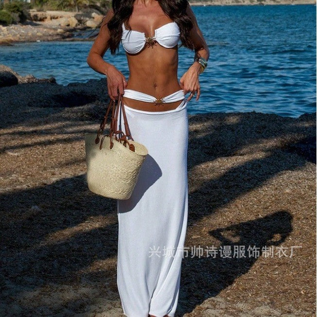 New three-piece swimsuit tie bikini sexy European and American bikini split swimsuit solid color slim beach skirt