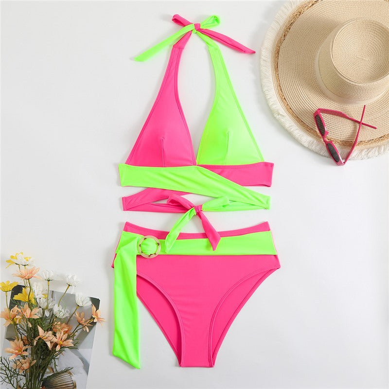 Euro America 2025 New Split Swimsuit Women's Cross Border Color-Blocking, Sexy Deep V Lace-up Color Bikini Amazon