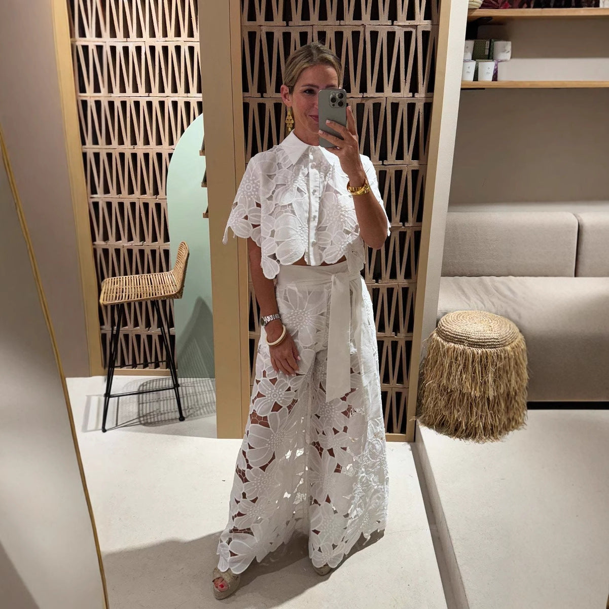 2025 summer new cross-border European and American solid color sexy cut-out cardigan top wide-leg pants two-piece set of women