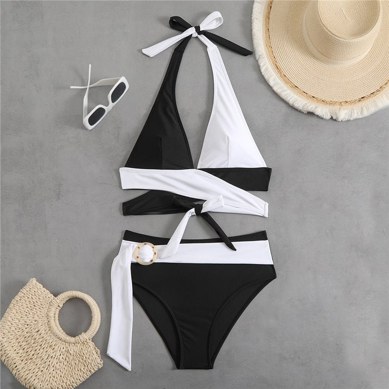 Euro America 2025 New Split Swimsuit Women's Cross Border Color-Blocking, Sexy Deep V Lace-up Color Bikini Amazon