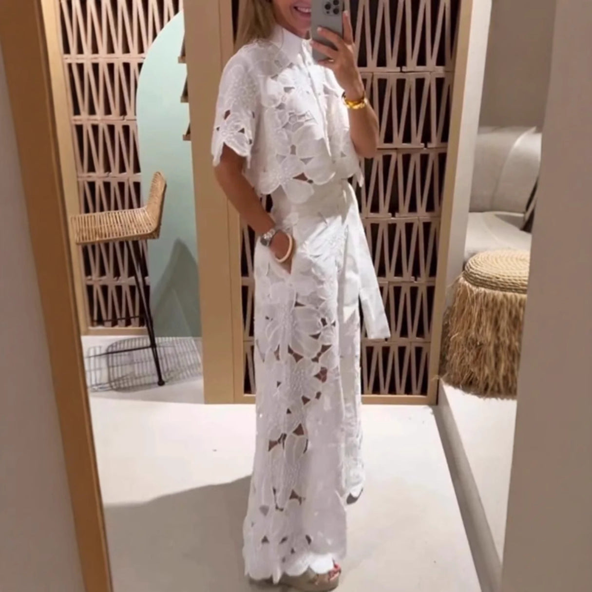 2025 summer new cross-border European and American solid color sexy cut-out cardigan top wide-leg pants two-piece set of women