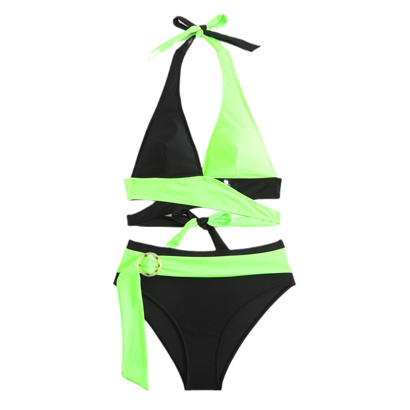 Euro America 2025 New Split Swimsuit Women's Cross Border Color-Blocking, Sexy Deep V Lace-up Color Bikini Amazon