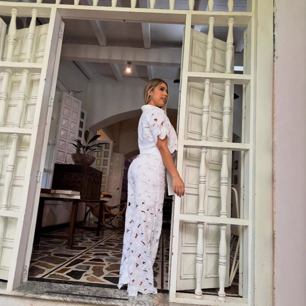 2025 summer new cross-border European and American solid color sexy cut-out cardigan top wide-leg pants two-piece set of women
