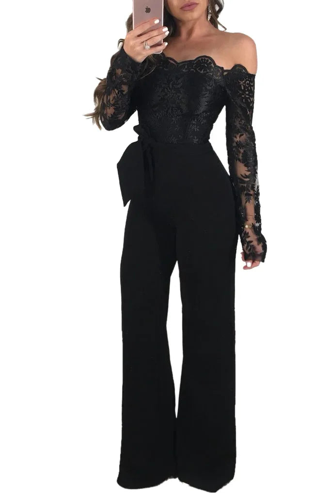 Elegant Women's Jumpsuit Cowl Neck Lace Trim Wide Leg Overalls | Party & Work Wear