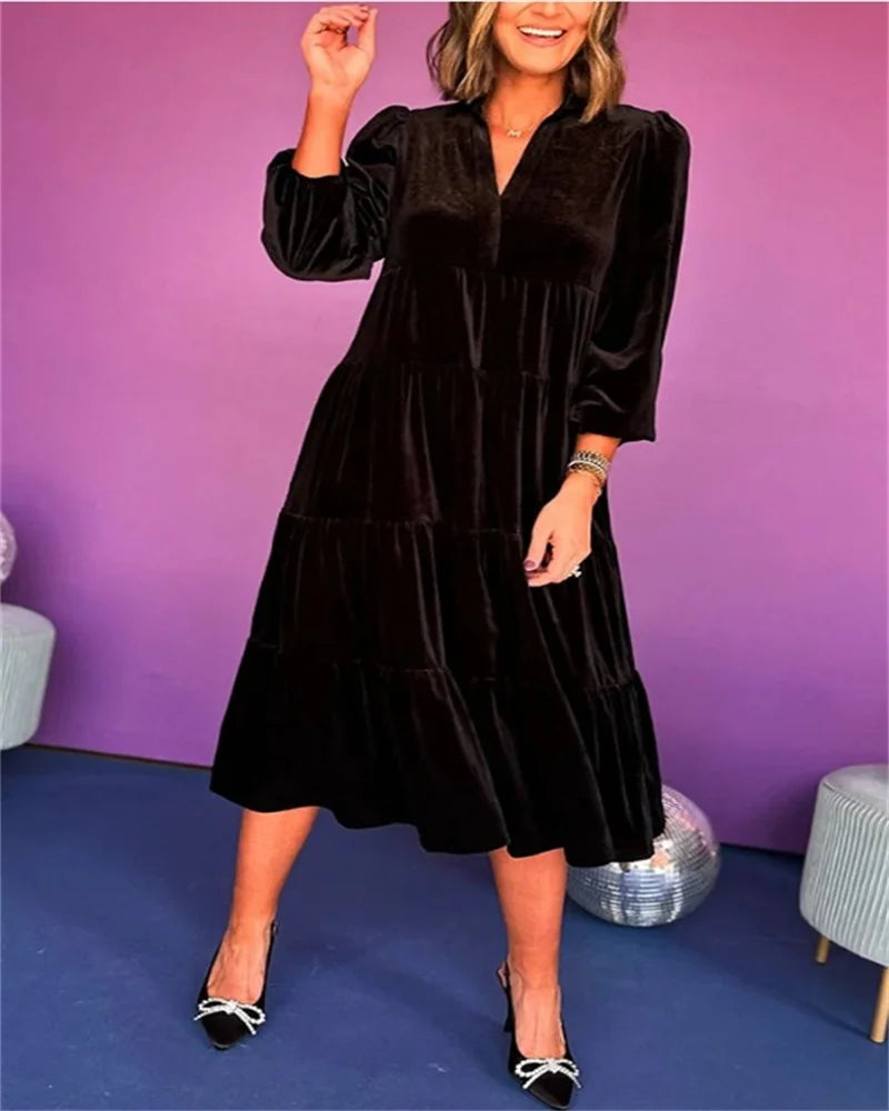 Elegant Burgundy Velvet Midi Dress – Chic & Flowy Style Women's Long Dress New V-neck Velvet Loose Fit Multi-layer Ruffle Hem Casual Comfortable Dress