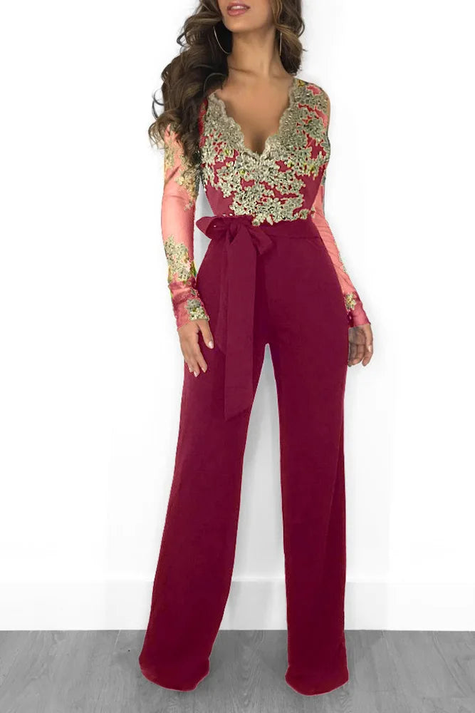Elegant Women's Jumpsuit Cowl Neck Lace Trim Wide Leg Overalls | Party & Work Wear