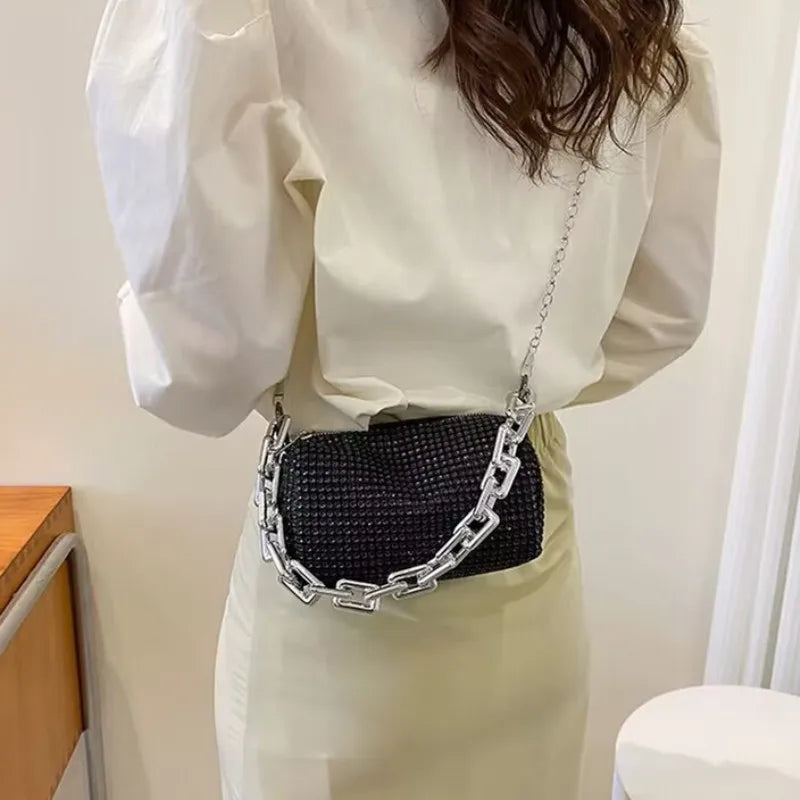 Women's Rhinestone Small Shoulder Bag Shiny Chain Handbag (6.3*3.54) inches