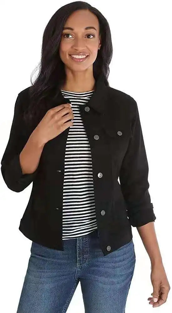 Women Denim Coat Washed Long Sleeve Slim Fit Short Jacket Pockets Turn Down Collar Street Casual Female Outerwear