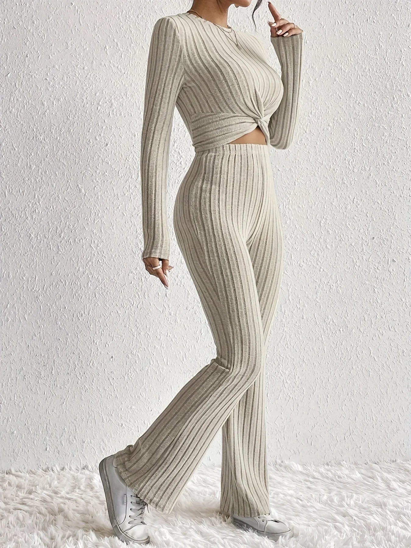 New Casual Solid Color 2-Piece Suit Top And Pants Cropped Long Sleeve Wrap Around Fashion Outfits For Women