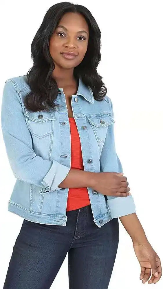 Women Denim Coat Washed Long Sleeve Slim Fit Short Jacket Pockets Turn Down Collar Street Casual Female Outerwear