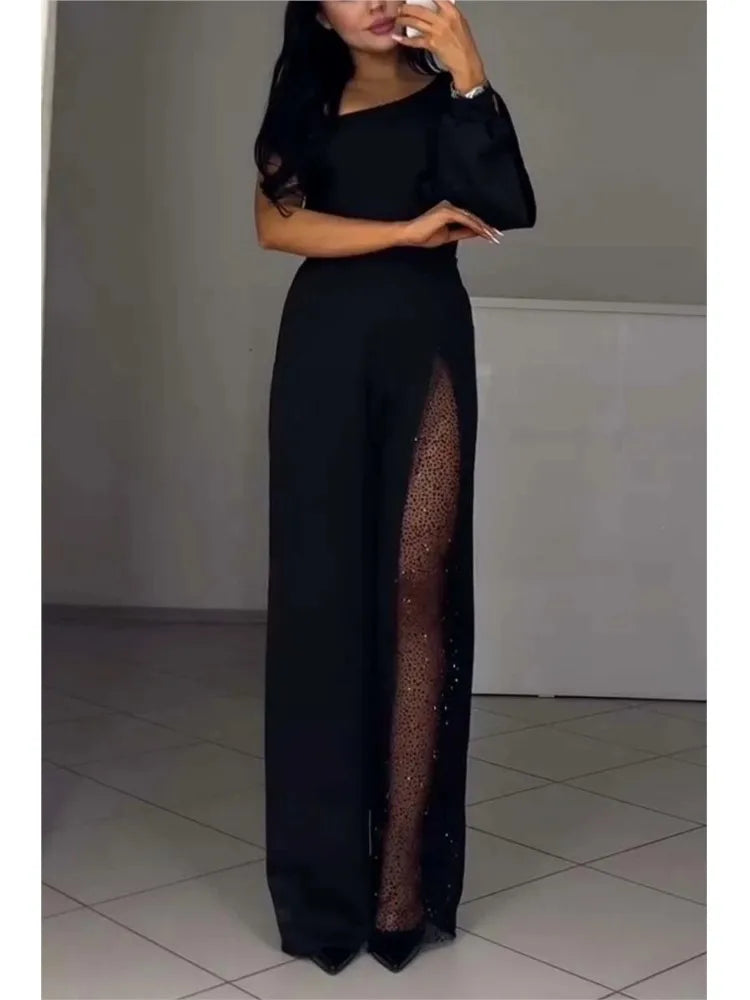 Fashion sexy off shoulder high slit jumpsuit, long sleeve black party jumpsuit