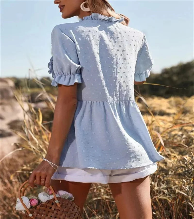 Light Blue Ruffled Blouse with Textured Details | Romantic and Feminine Style Spring Summer Fashion Casual Jacquard short-sleeved T-shirt v-neck Boho Tipe