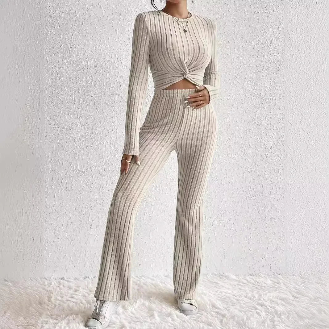 New Casual Solid Color 2-Piece Suit Top And Pants Cropped Long Sleeve Wrap Around Fashion Outfits For Women