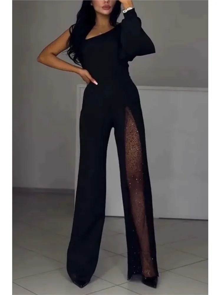 Fashion sexy off shoulder high slit jumpsuit, long sleeve black party jumpsuit