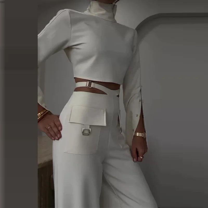 Chic 2-Piece Set for Women – Long Sleeve Crop Top & Wide-Leg Pants | Available in Black & White