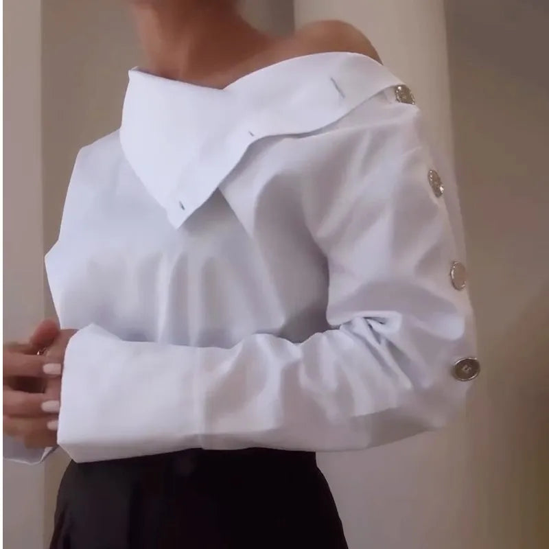 Women Trendy Stand Collar Side Button Elegant Shirt Spring Leisure Versatile Sexy Off Shoulder Long Sleeve White Blouses