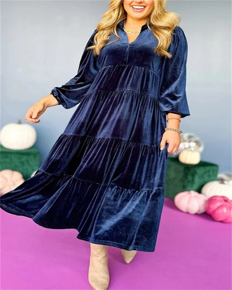 Elegant Burgundy Velvet Midi Dress – Chic & Flowy Style Women's Long Dress New V-neck Velvet Loose Fit Multi-layer Ruffle Hem Casual Comfortable Dress