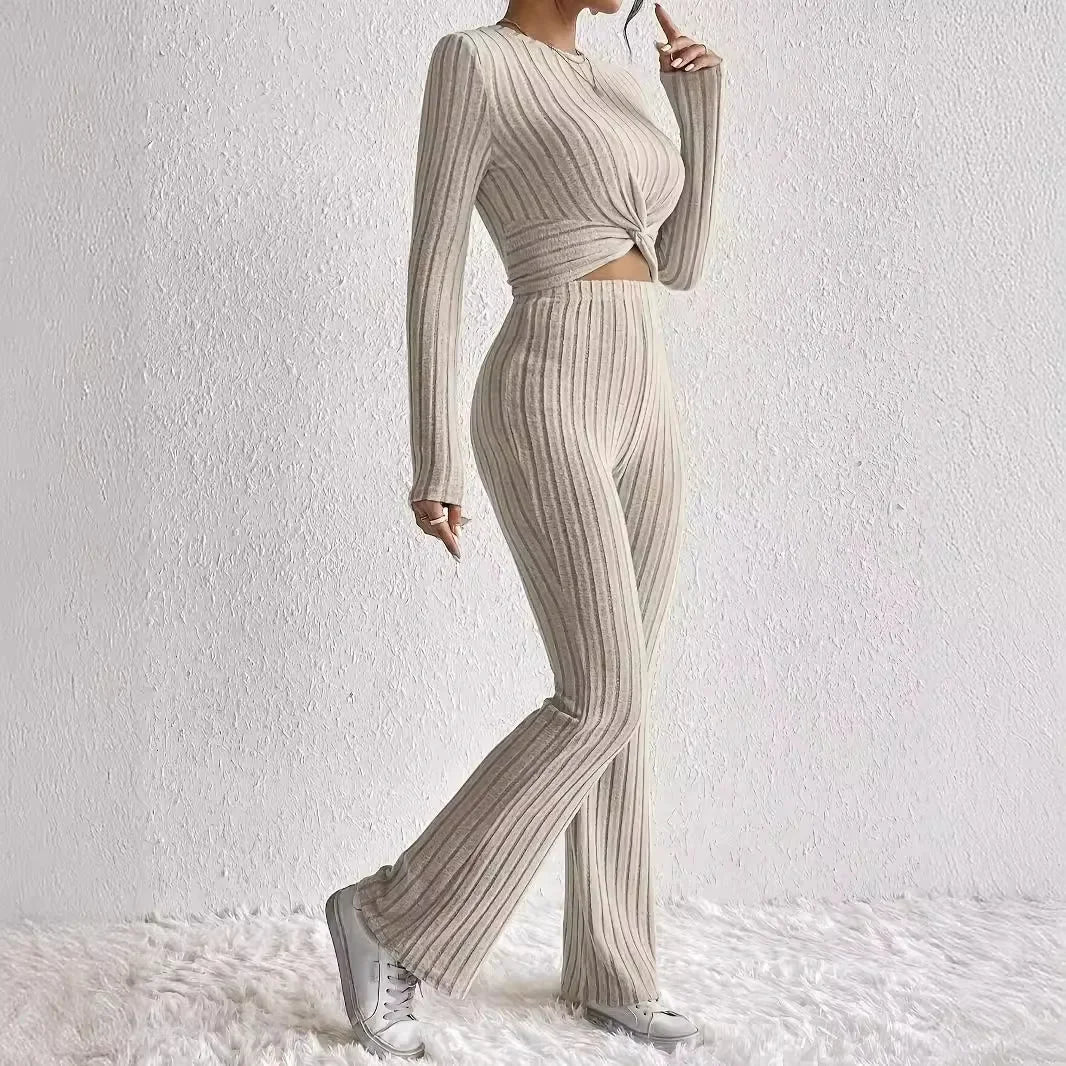 New Casual Solid Color 2-Piece Suit Top And Pants Cropped Long Sleeve Wrap Around Fashion Outfits For Women