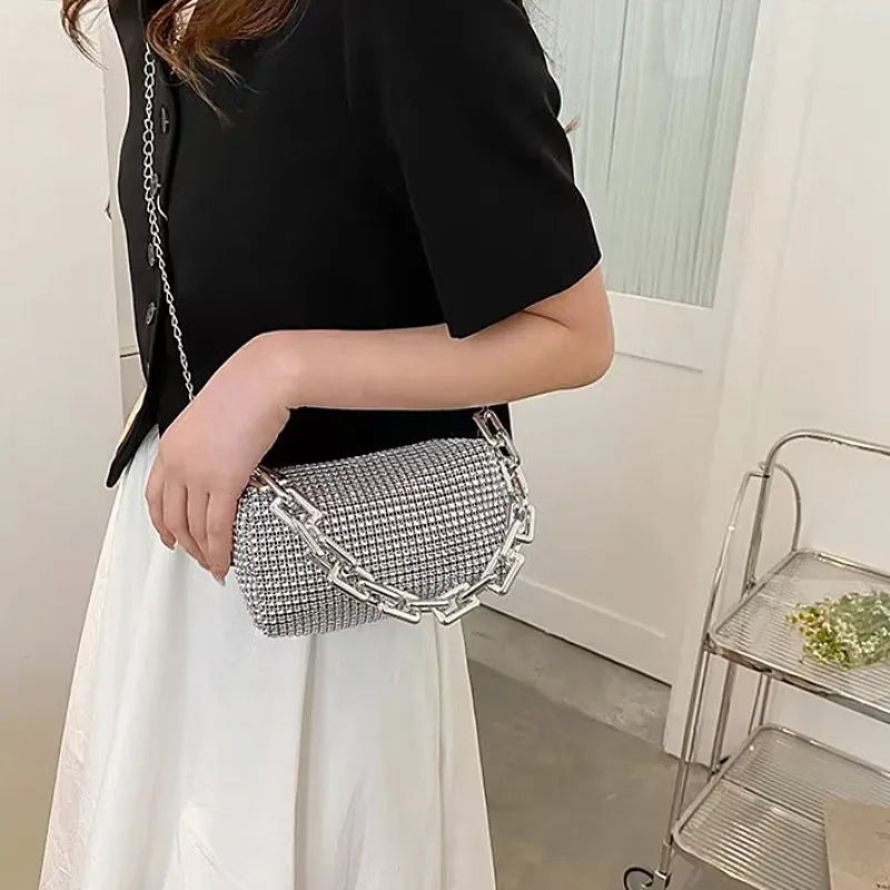 Women's Rhinestone Small Shoulder Bag Shiny Chain Handbag (6.3*3.54) inches